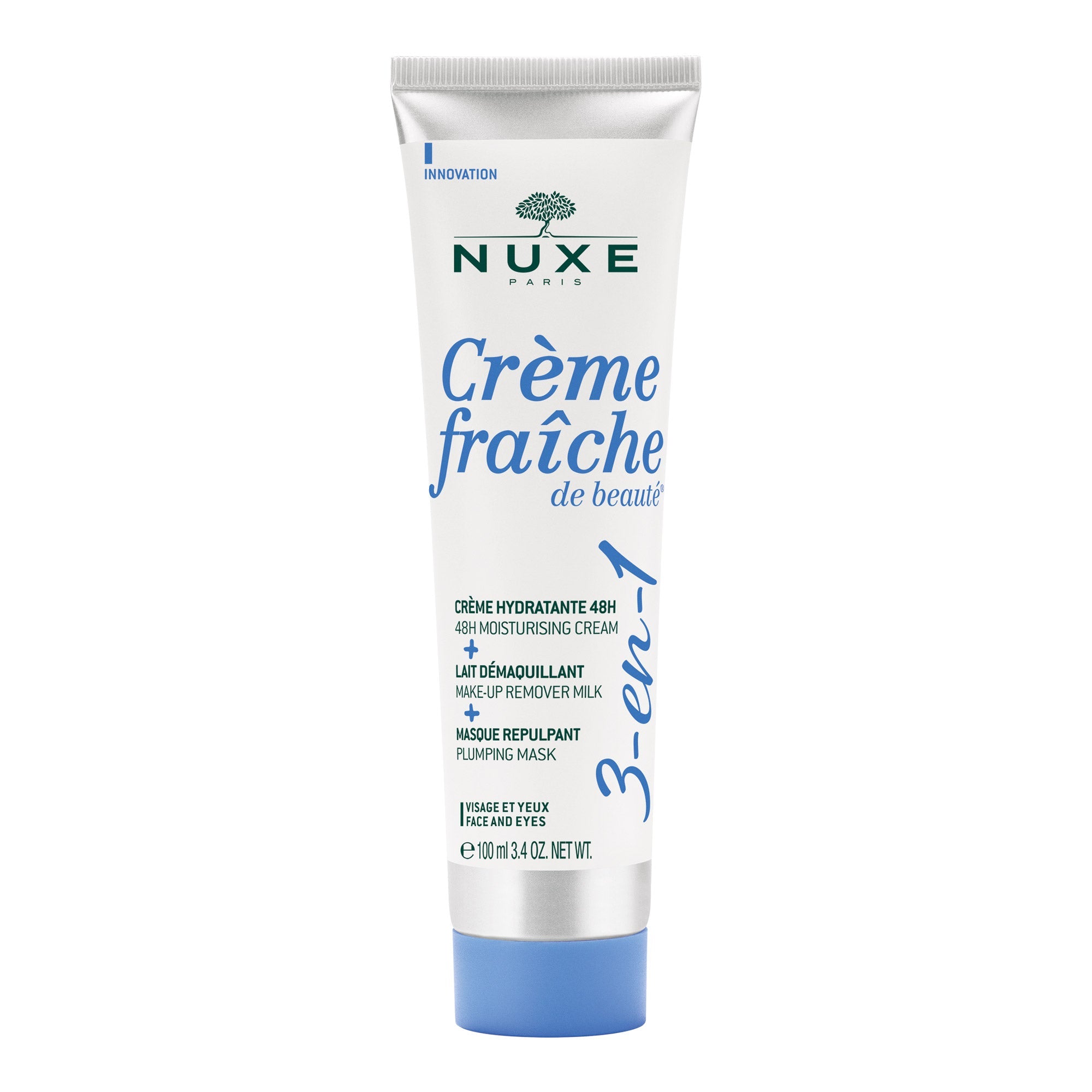 Nuxe Crème fraîche de beauté® 3-en-1, Crème Hydratante 48h, Lait Démaquillant, Masque Repulpant 100 ml